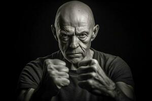 Portrait of an elderly man showing clenched fists. Concept of strength, confidence, psychological stability, Generative AI illustration. photo