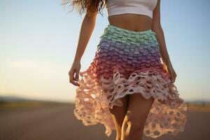 A female model in a colorful crochet knee-length skirt walks down the road. Beauty, hand-made and femininity concept. AI Generated. photo
