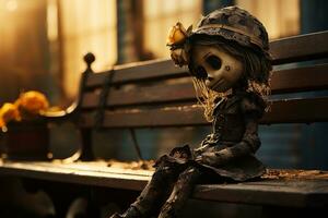 Siniestro antiguo muñeca en de madera banco, curioso a suelo, símbolo de temor o inocencia perdido. ai generado. foto