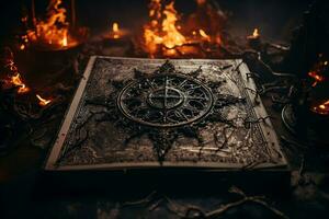 Old book with pentagram and runes on cover, symbol of mystery, magic, and occult practices. AI Generated. photo