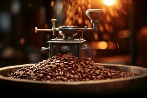 Roasted coffee beans falling into a grinder in slow motion, motion blur, shallow depth of field. AI Generated. photo