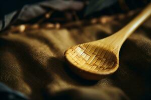 A side-view of a traditional japanese chashaku - tea scoop, laid on a linen cloth, reflecting the art and ritual of japanese tea ceremony. photo