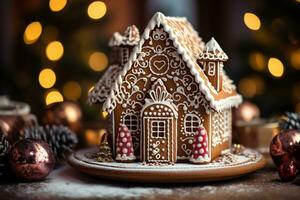 A carefully decorated gingerbread house, intricate icing details. Cozy and festive atmosphere. AI Generated. photo