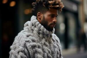 A profile view of a male model wearing a fuzzy oversized gray crochet sweater with intricate stitches. AI Generated. photo