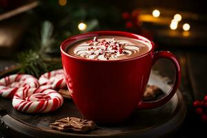 Hot chocolate being poured into a red mug with peppermint sprinkles and candy canes. Festive and heartwarming atmosphere. AI Generated. photo