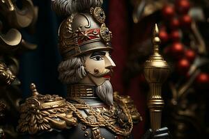 A nutcracker toy in a military uniform holding a torch, side profile, intricate details and textures, close-up view. AI Generated. photo