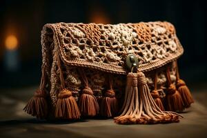 A crocheted clutch purse with tassel details, made of a light-colored yarn and has a simple, elegant design. Softness, femininity, and elegance concept. AI Generated. photo