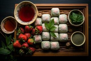 Top down view of a spread of strawberries, green tea mochi, and dango on a wooden tray. AI Generated. photo
