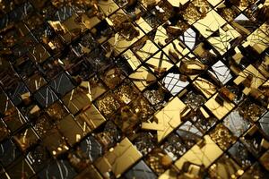 Abstract geometric composition of gold, silver and crystal cubes. Generative AI illustration. photo