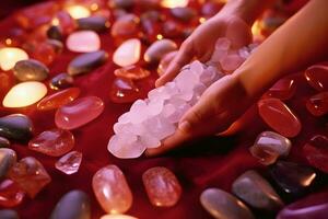 A close up of a young woman holding a bunch of crystals in her hands on a soft red background. Wellness and Spa industry concept, Generative AI illustration. photo