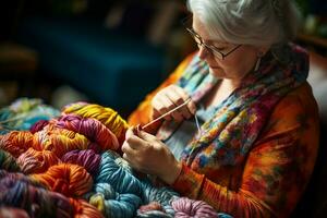 A woman unravels large bundles of colored yarn while reclining on the back of a couch. AI Generated. photo