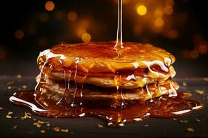 A stack of delicious and fluffy pancakes being drizzled with golden honey. AI Generated. photo