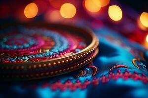 A colorful intricate embroidery hoop and a fabric, close up view, focused on the stitches with dreamy bokeh background. AI Generated. photo