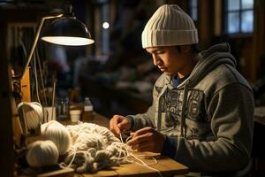 A college student sits at his desk and unravels strands of thick and warm yarn. AI Generated. photo