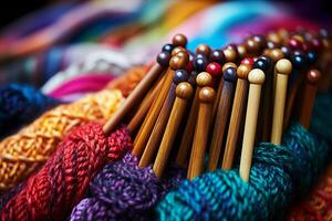 A bunch of knitting needles piercing through a half-finished colorful scarves as a metaphor for the creative process. AI Generated. photo