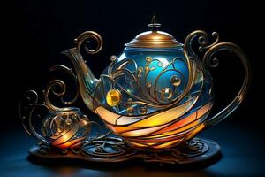 Beautiful stained glass teapot and cup with metal patterns in art nouveau style. AI Generated. photo