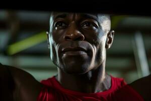 Portrait of african american boxer in a red shirt looking at camera in gym. Generative AI illustration. photo