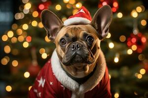 A cute French bulldog wearing a Santa hat and sweater sitting in front of a Christmas tree. AI Generated. photo