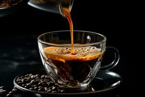 Close-up of espresso being poured into a cup standing on a saucer with coffee beans. AI Generated. photo