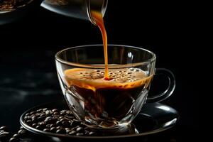 Close-up of espresso being poured into a cup standing on a saucer with coffee beans. AI Generated. photo