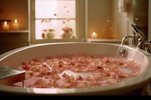 Bathtub filled with rose petals next to a window in a Spa center. Generative AI illustration. photo