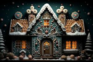 A carefully decorated gingerbread house, intricate icing details. Cozy and festive atmosphere. AI Generated. photo