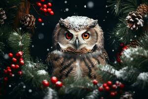 A snowy owlet sitting inside a Christmas wreath with pinecones and holly berries surrounding it. Festive atmosphere, symbol of wisdom and mystery. AI Generated. photo