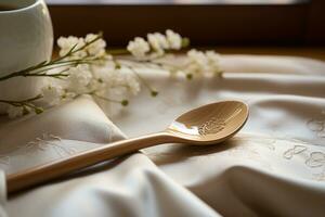 A side-view of a traditional japanese chashaku - tea scoop, laid on a linen cloth, reflecting the art and ritual of japanese tea ceremony. photo