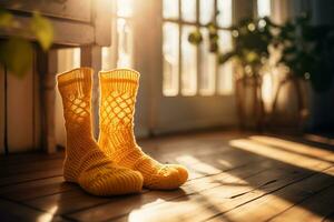 A pair of yellow crocheted socks made of a thick, knitted material on a wooden floor. Warmth and coziness concept. AI Generated. photo