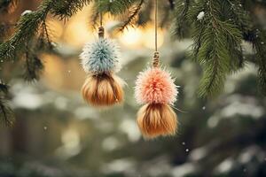 Fluffy Christmas decorations - woolen pom poms hanging from a branch. Softly blurred pine tree background. AI Generated. photo