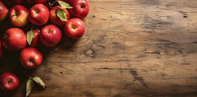 gastos generales ver de un rústico madera mesa presentando manzanas, suave natural Encendiendo. sencillo composición. ai generado. foto