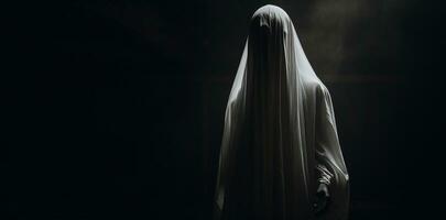 Ghost covered in white cloth, shrouded in darkness, ambiguous symbolism. AI Generated. photo