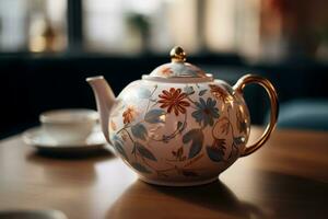 Hand-painted floral porcelain teapot. A testament to timeless artistry for luxury home decors. photo