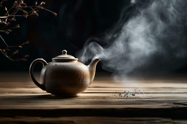 A close-up of a handcrafted Japanese teapot, placed centrally on an old  wooden table. There are steam tendrils rising from the spout, suggesting a  freshly made hot brew. 28781778 Stock Photo at