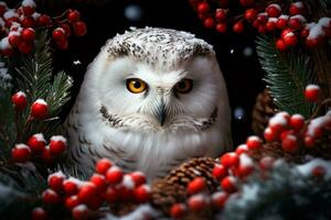 A snowy owlet sitting inside a Christmas wreath with pinecones and holly berries surrounding it. Festive atmosphere, symbol of wisdom and mystery. AI Generated. photo