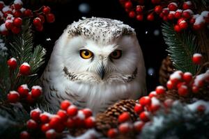 A snowy owlet sitting inside a Christmas wreath with pinecones and holly berries surrounding it. Festive atmosphere, symbol of wisdom and mystery. AI Generated. photo