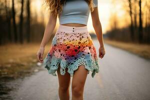 A female model in a colorful crochet knee-length skirt walks down the road. Beauty, hand-made and femininity concept. AI Generated. photo