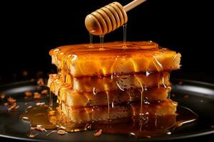 Thick rich honey being drizzled over a small stack of biscuit waffles. AI Generated. photo