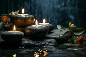 Candles, flowers, and rocks in the rain. A reflection of the cycle of life, SPA and Wellness concept. AI Generated. photo