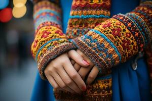 Bright crochet mittens with a textured knit pattern on a model's hands. Close-up view, blurred background with only the intricate wool details in focus. AI Generated. photo