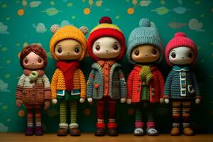 Colorful hand-knitted dolls wearing miniature sweaters and hats, pleasing composition, vivid details. Different stages of childhood concept. AI Generated. photo