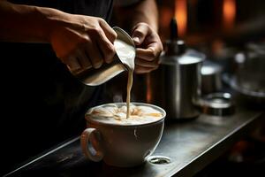 el barista vierte al vapor Leche dentro un enorme taza de café. ai generado. foto