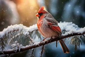 A snow-frosted pine tree branch with a Northern Cardinal bird perched on it. Beauty of nature and resilience of birds concept. AI Generated. photo