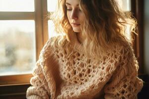 de moda y elegante tejer suéter con muy grueso crema de colores tejido de punto en un hermosa niña modelo. ai generado. foto