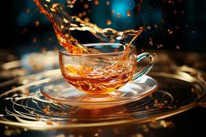 Close-up view of a stream of tea pouring into a cup, creating an elegant ripple effect, capturing the grace and movement of the pouring process. photo