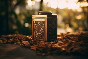 lado ver de un tradicional té caddie, tapa ligeramente un frasco revelador seco té hojas adentro, simbolizando el elegancia y tradicion de té almacenamiento. foto