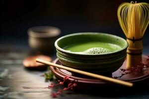 Close up view of a matcha whisk resting diagonally across a black ceramic tea bowl filled with green matcha powder. AI Generated. photo