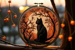 A cross stitch of a black cat sitting on a tree branch in front of a bright full moon. AI Generated. photo