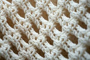 Thick stitches on a cream crocheted scarf pattern made up of small, interconnected loops. Intricate details, close-up view. AI Generated. photo