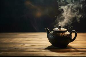 A close-up of a handcrafted Japanese teapot, placed centrally on an old wooden table. There are steam tendrils rising from the spout, suggesting a freshly made hot brew. photo